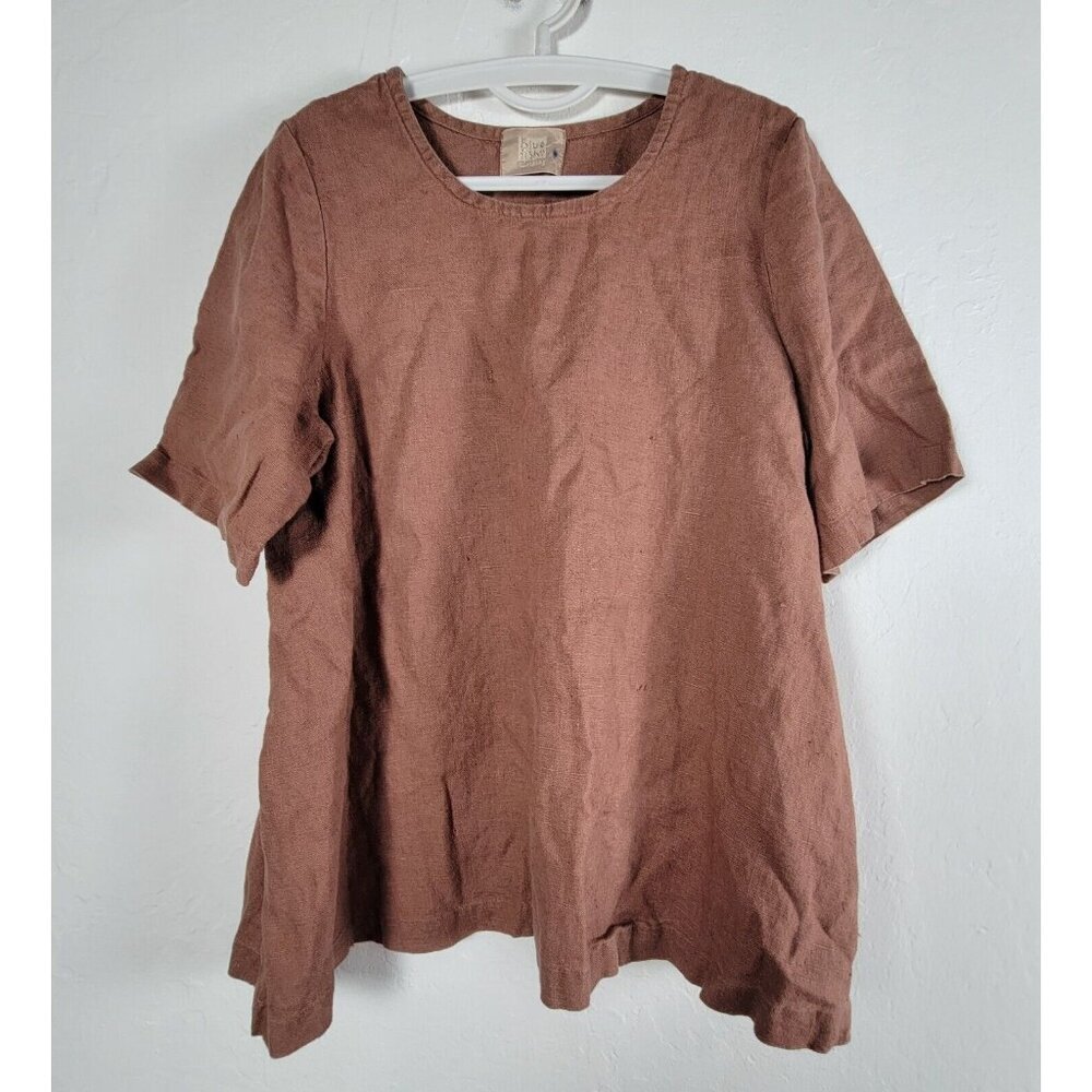 Vintage 90s Blue Fish Blouse Womens Size 0 Brown 100% Linen Short Sleeve Top